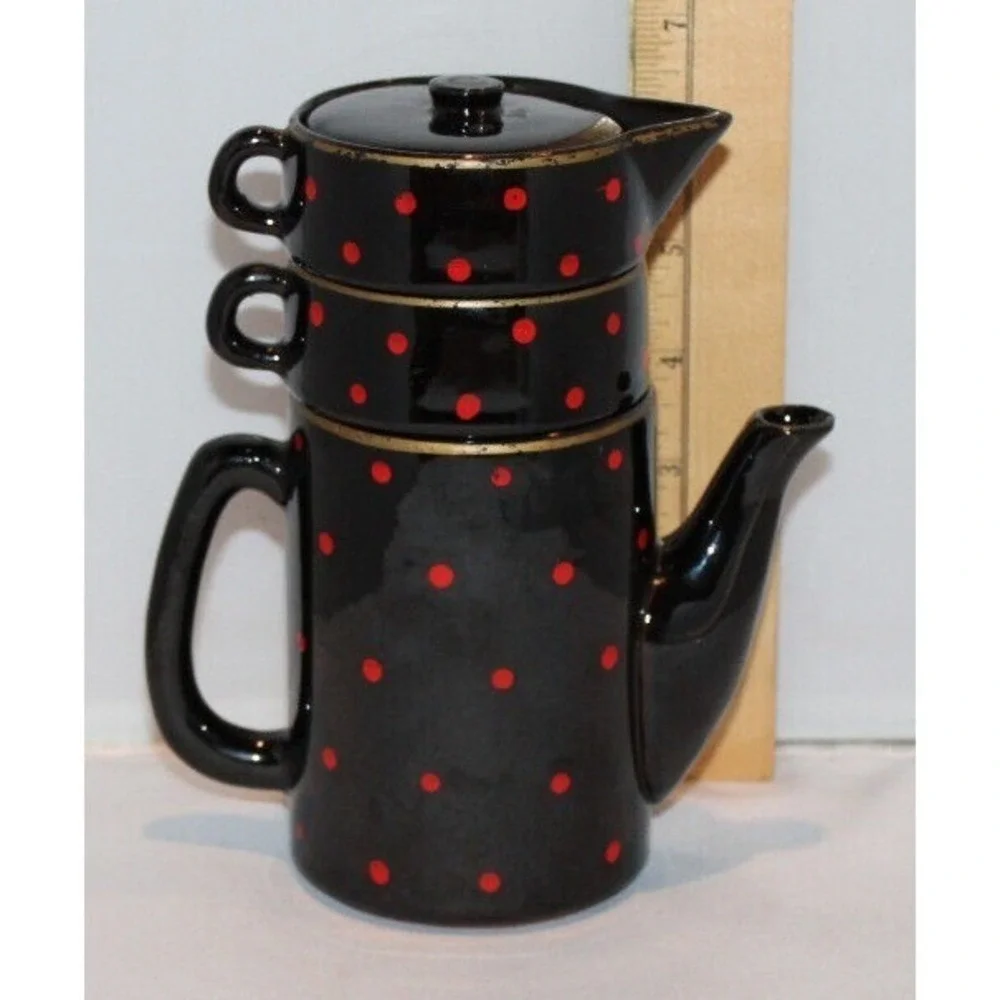 vintage 3 stack tea pot with creamer & cup black red polka dots gold trim Japan